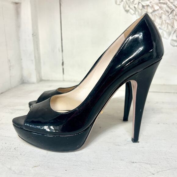 PRADA Patent Leather Slip On Peep Toe Platform Pumps Black Women's 38.5 US 8 - Picture 6 of 10